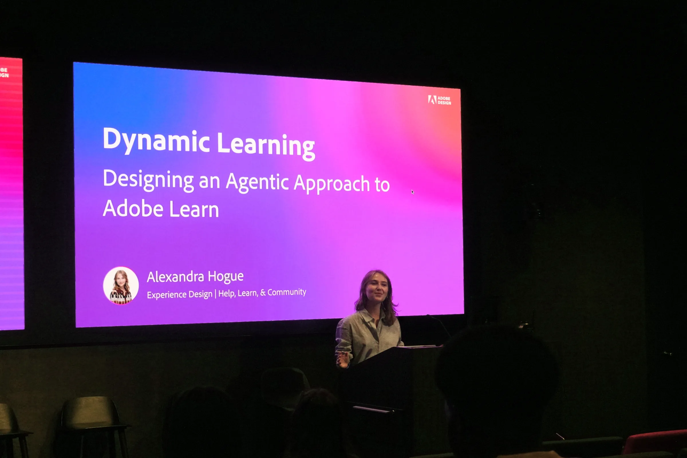 Alex presenting her Adobe Learn project at the Adobe intern showcase