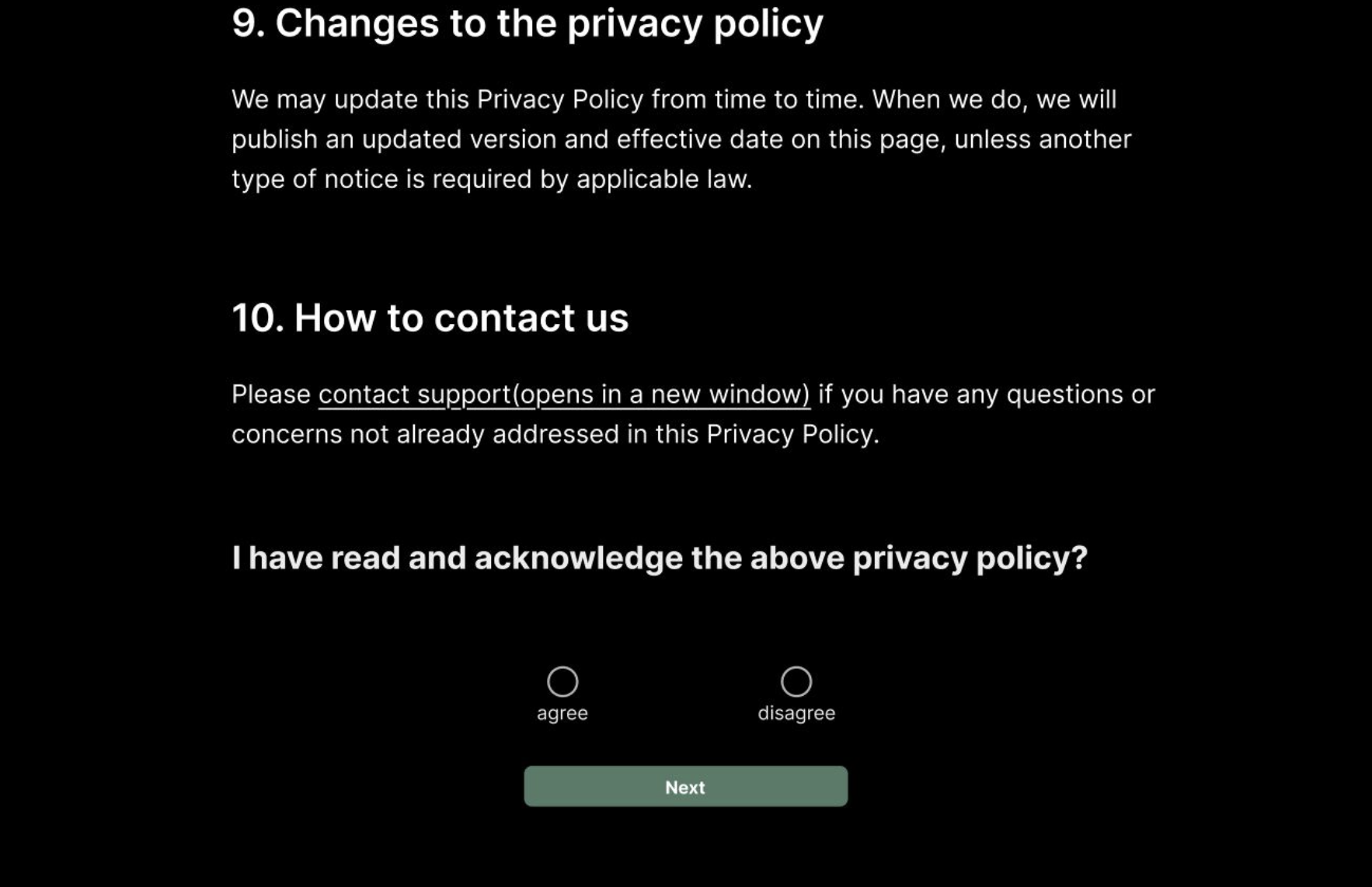 Privacy acknowledgment page with explicit agree/disagree options and improved typography