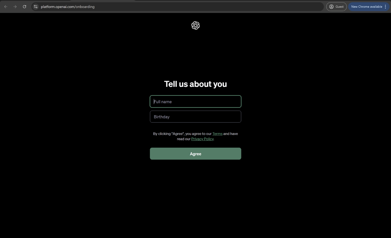 ChatGPT's existing single-page login experience with email input and small-font privacy policy text