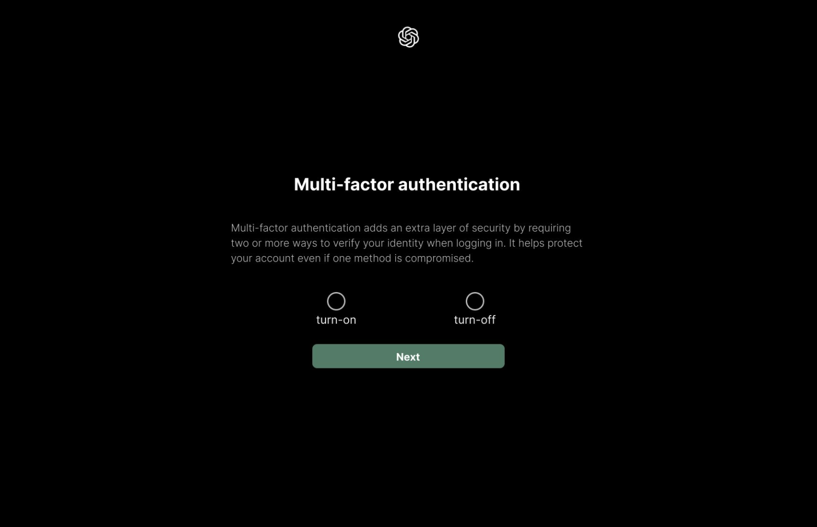 Multi-factor authentication setup page with options for SMS, authentication app, or opting out
