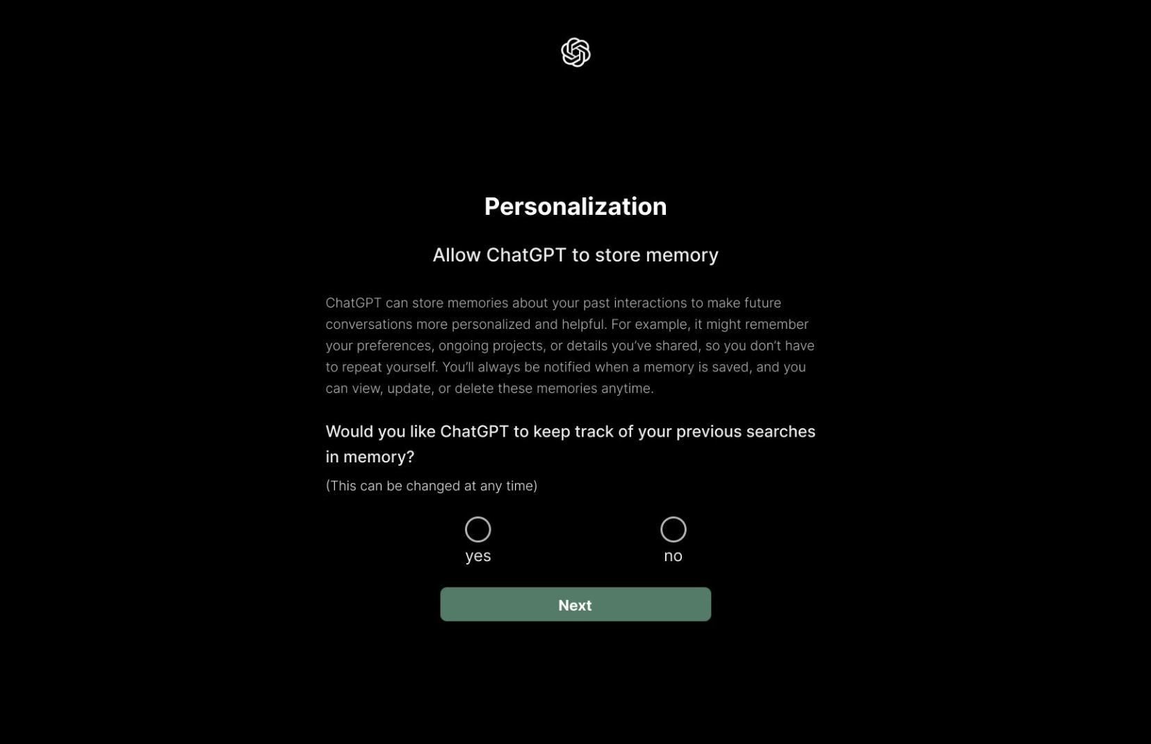 Memory personalization page allowing users to choose whether ChatGPT tracks previous searches