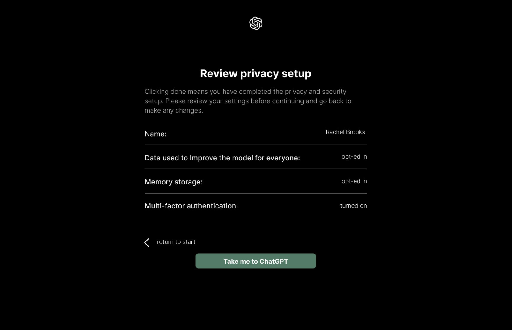 Review page showing overview of user's privacy and security selections before completing login