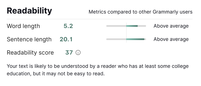 Readability score analysis of OpenAI's privacy policy showing Flesch Reading-Ease Test results