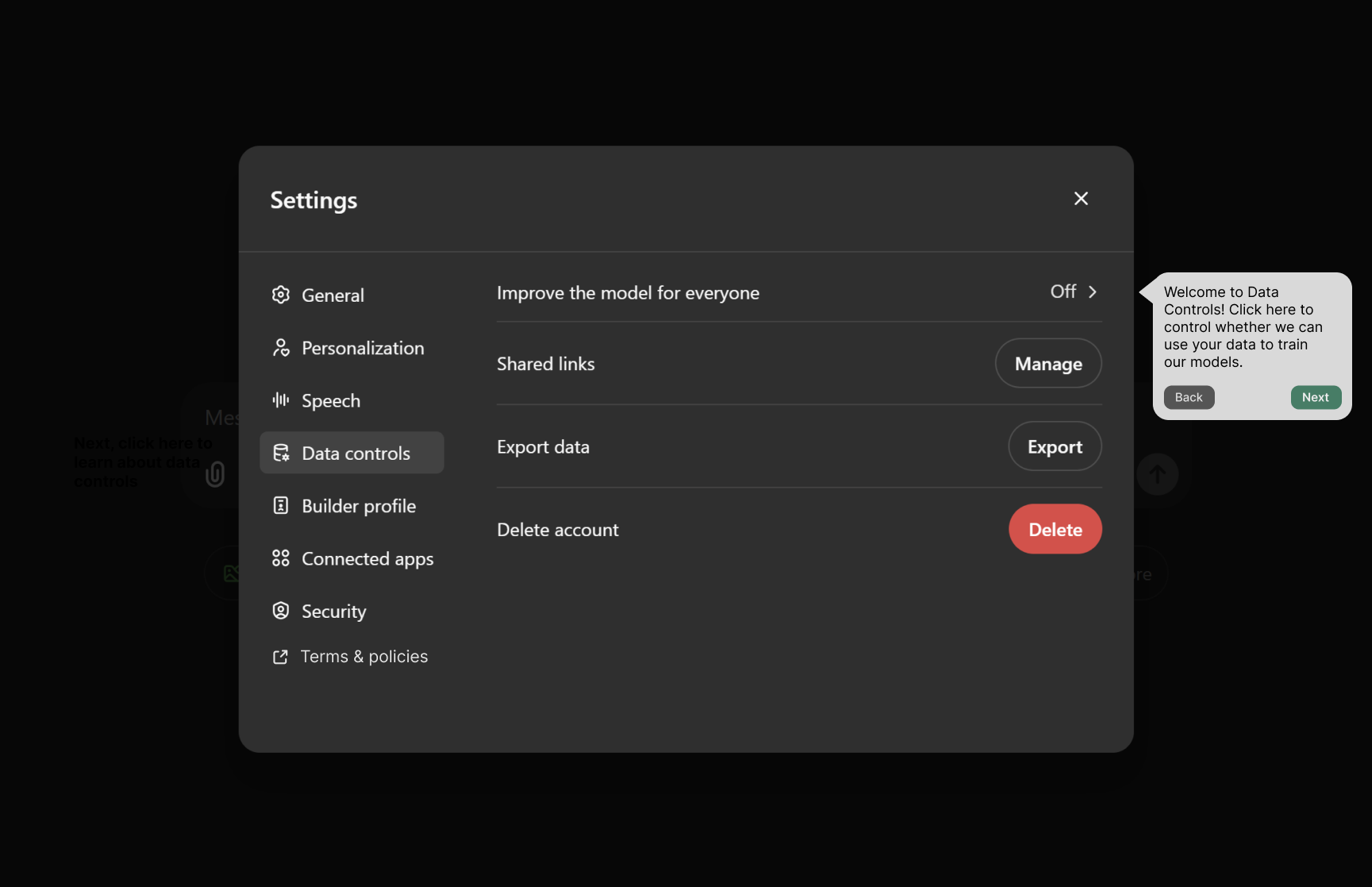 Data controls settings explanation within the walkthrough