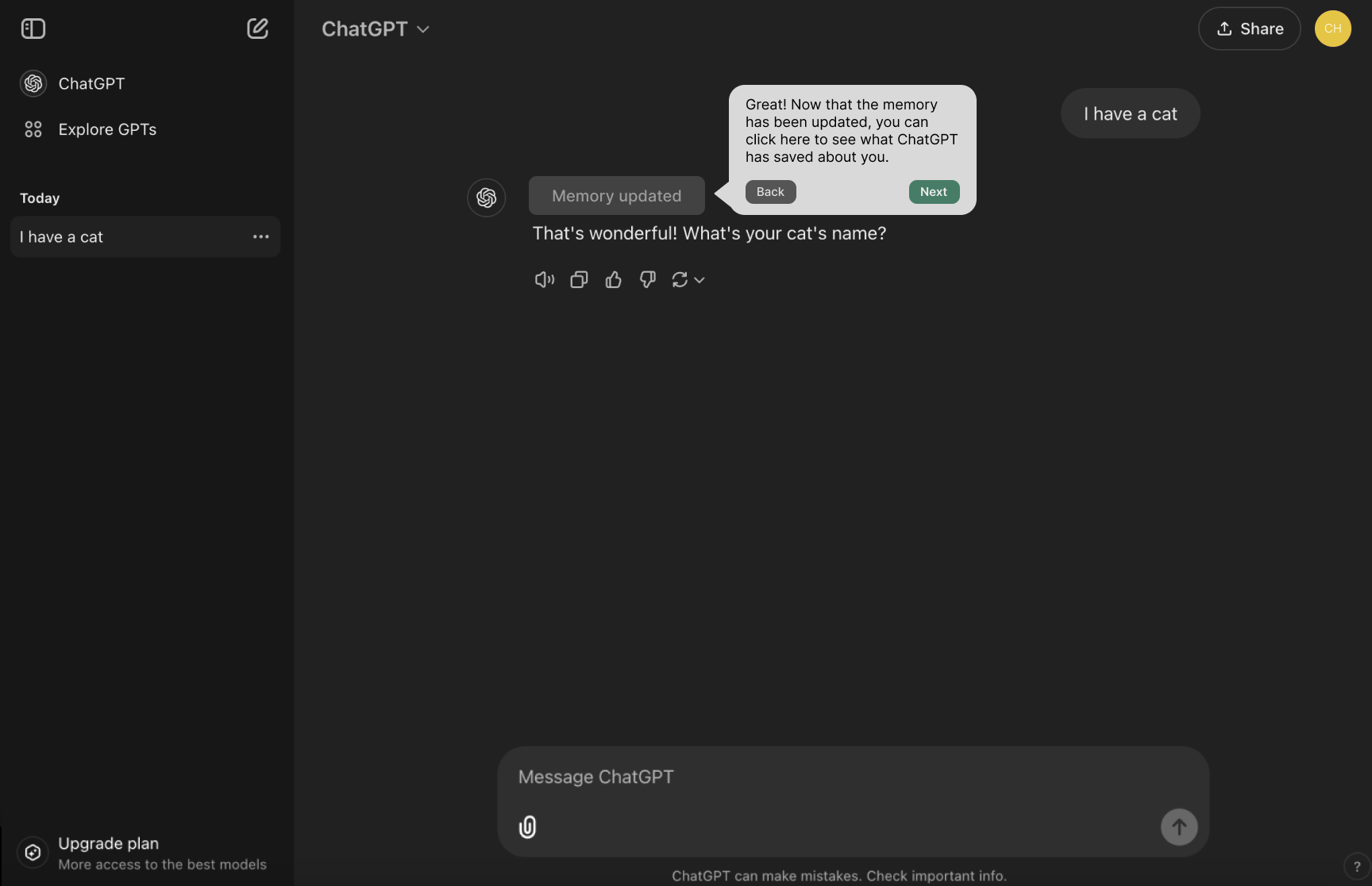 Memory update feature demonstration showing clickable memory notifications