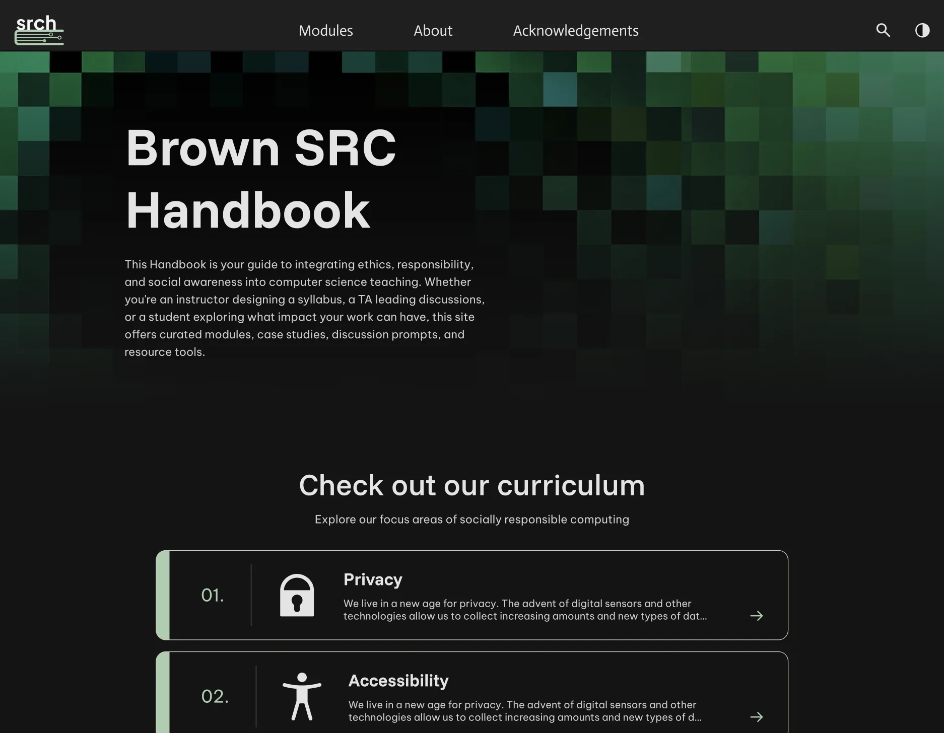 SRCH homepage in dark mode