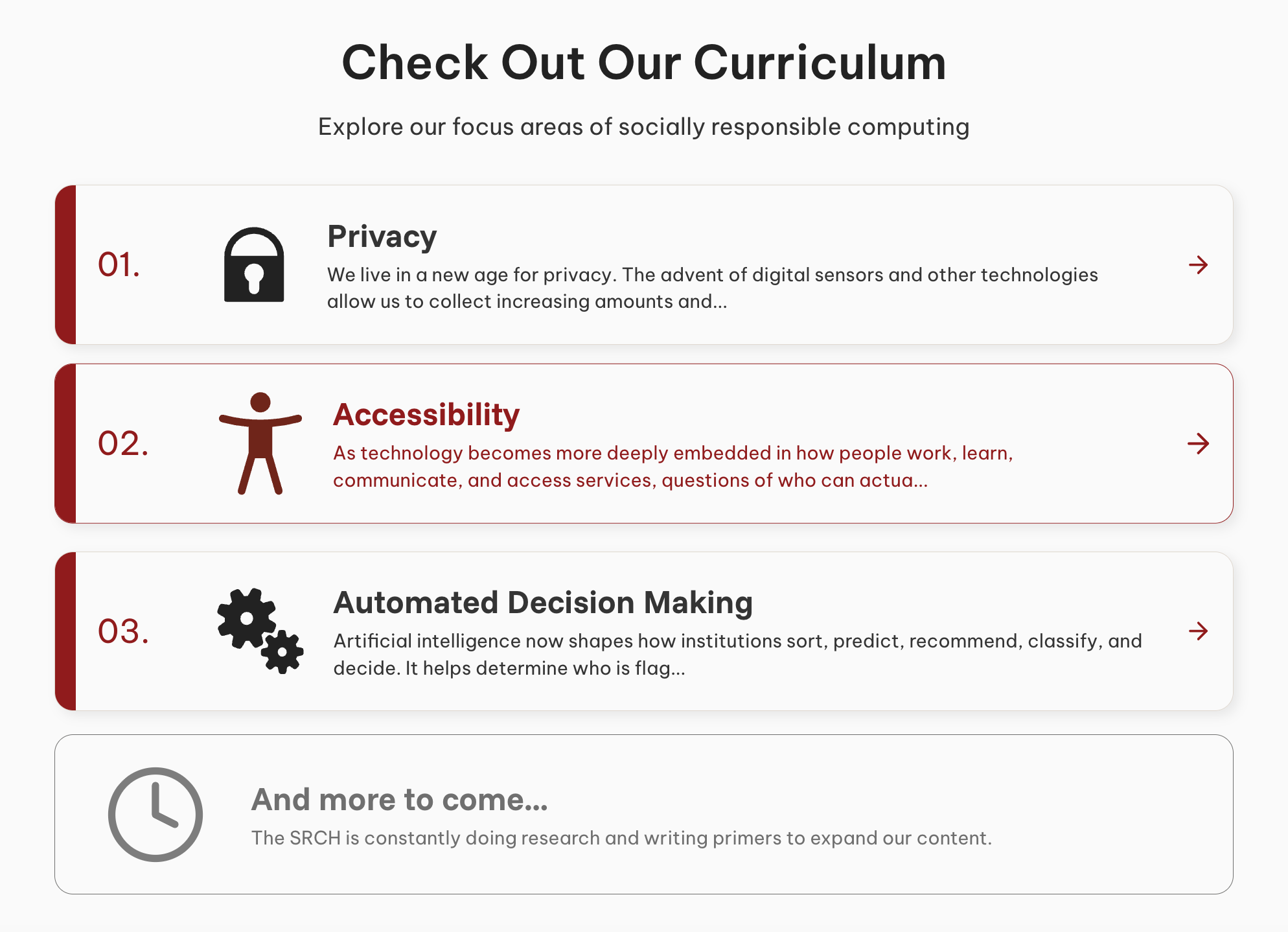 Homepage curriculum cards after revisions — numbered cards with descriptions