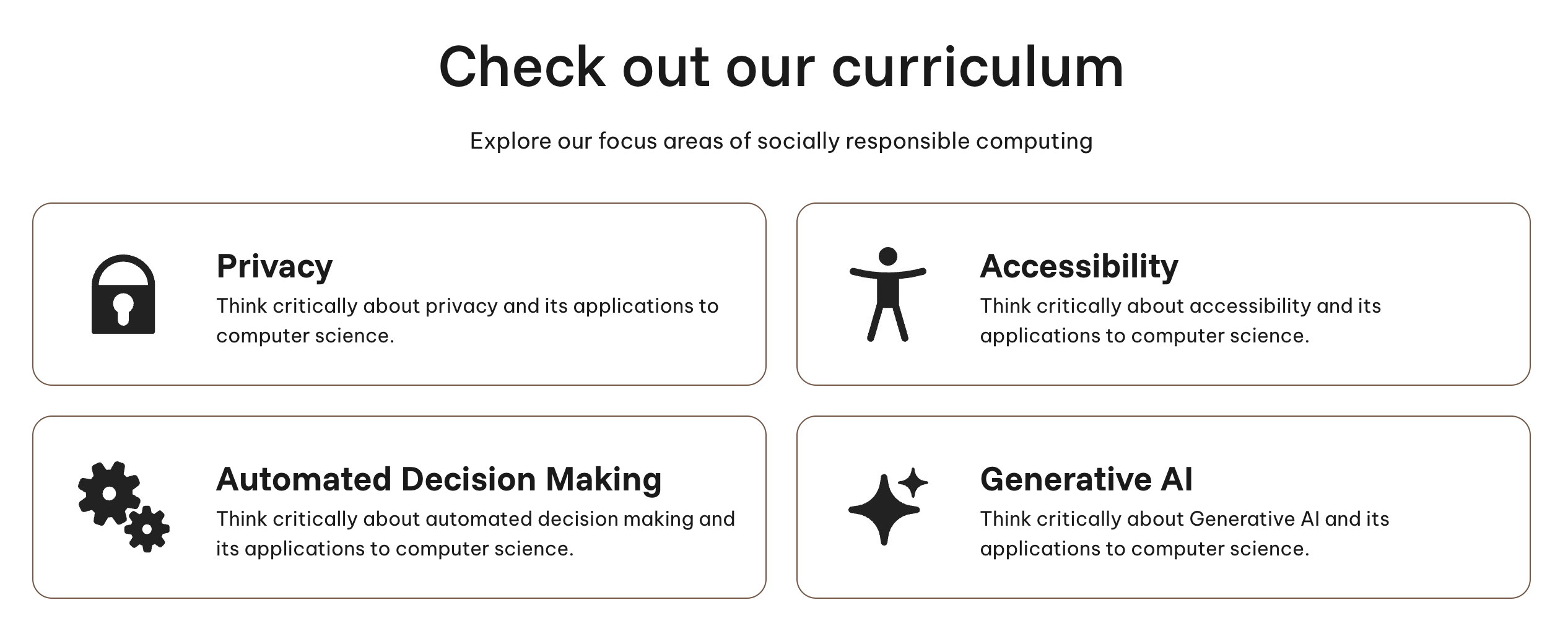 Homepage curriculum cards before revisions — simple icon grid