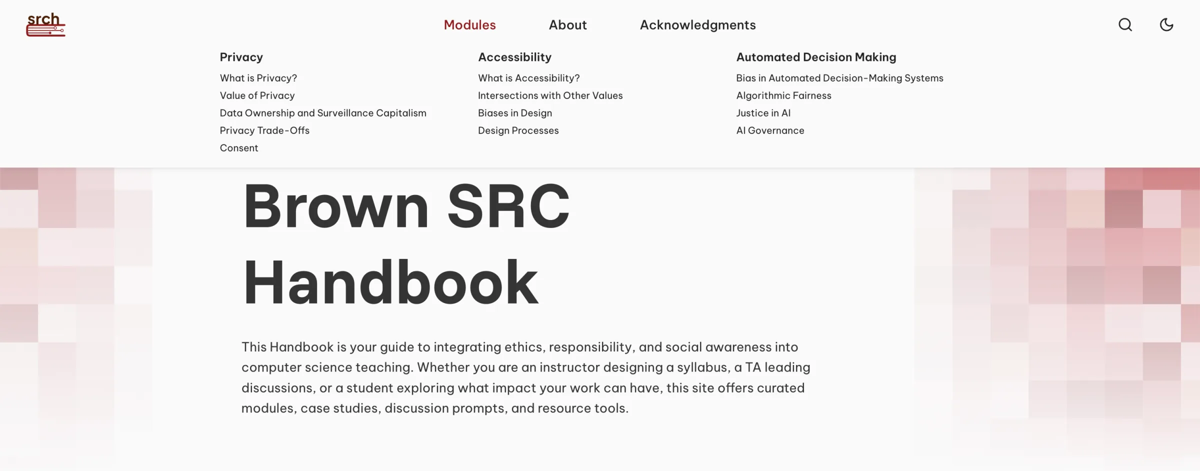 Modules dropdown after revisions — mega-menu with primer links grouped by module