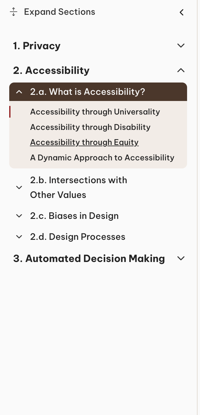 Sidebar navigation after revisions — nested accordion with sub-sections