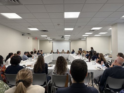 Participants seated around a U-shaped table at the AI and Gender-Based Harms conference
