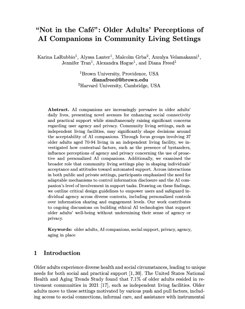First page of the paper Not in the Café: Older Adults’ Perceptions of AI Companions in Community Living Settings