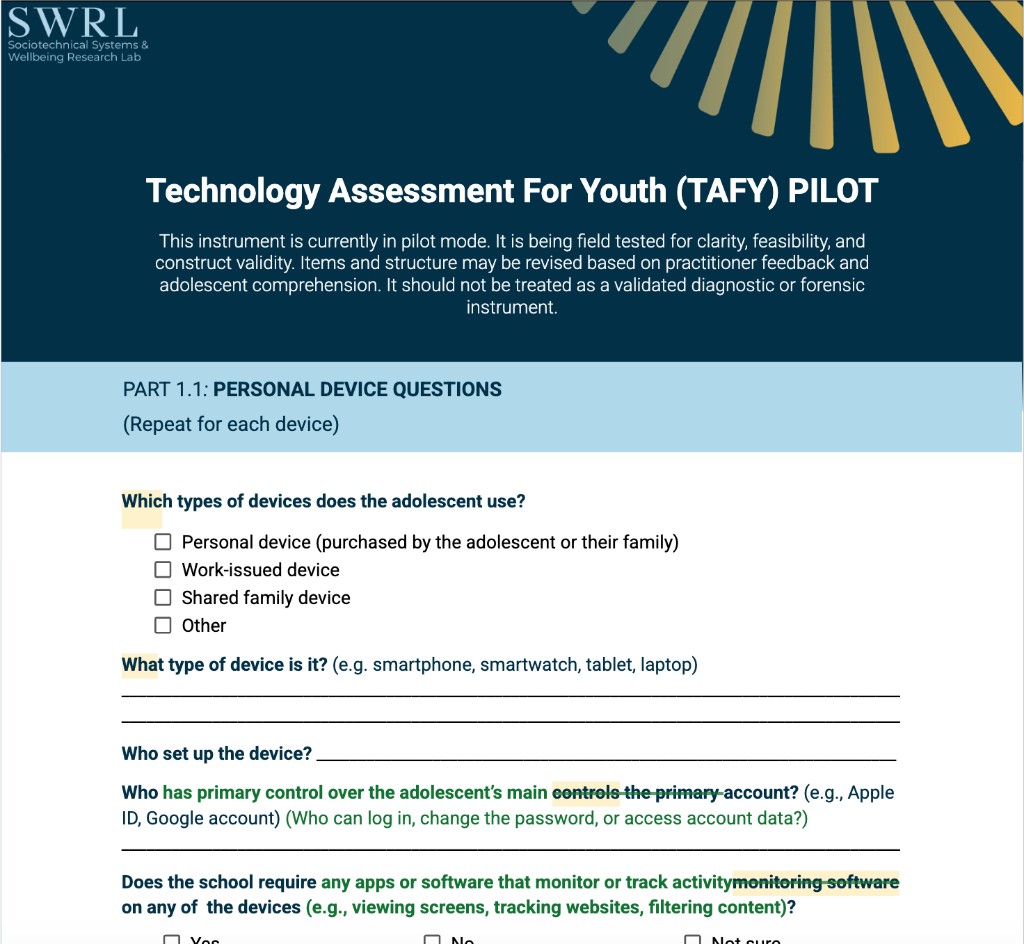 First page of the Technology Assessment for Youth pilot, showing personal device questions