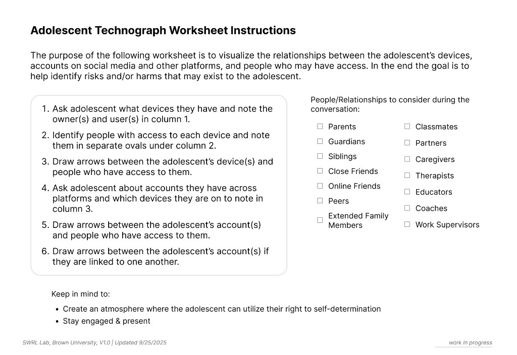 Instructions for completing the Adolescent Technograph Worksheet