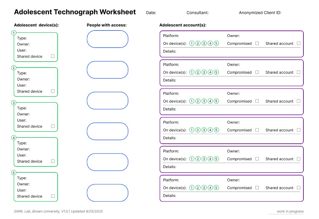 Blank Adolescent Technograph Worksheet with fields for devices, people with access, and accounts