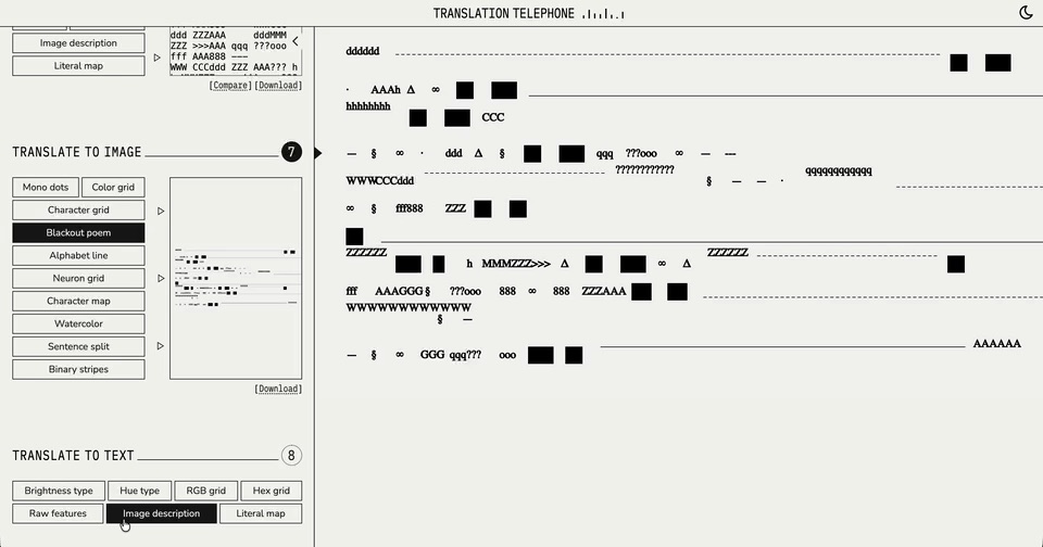 Blackout poem setting a later text as scattered marks, rules, and solid blocks