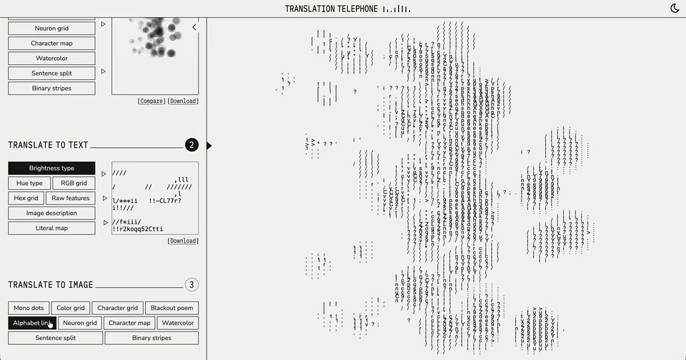 Brightness type reading the circle image back into columns of letters and punctuation