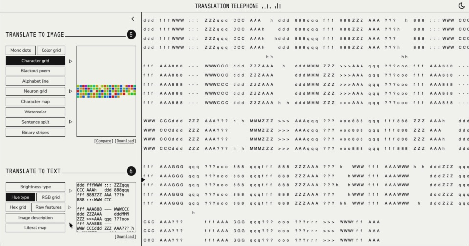 Hue type reading the character grid back into rows of letters and punctuation