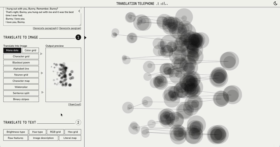 Mono dots drawing a short passage as overlapping gray circles