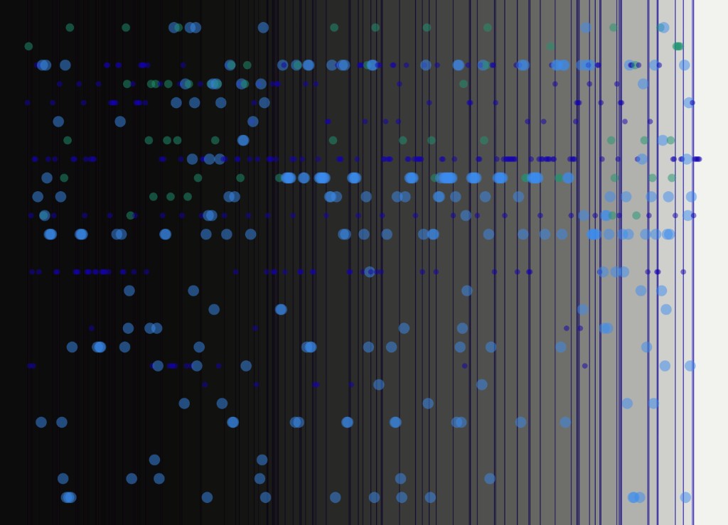 Blue dots of different sizes sitting on vertical lines