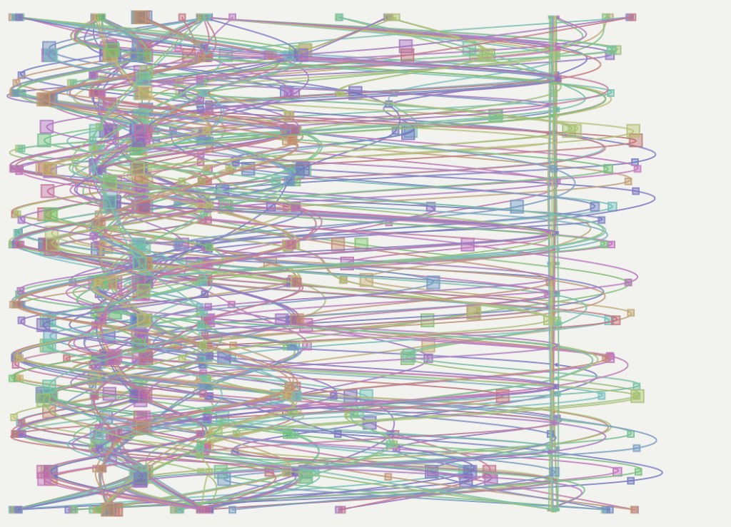 Colored curves linking small squares across a pale field