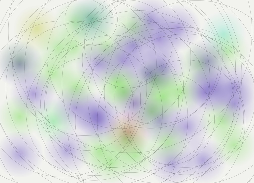 Soft green and purple washes crossed by thin overlapping circles