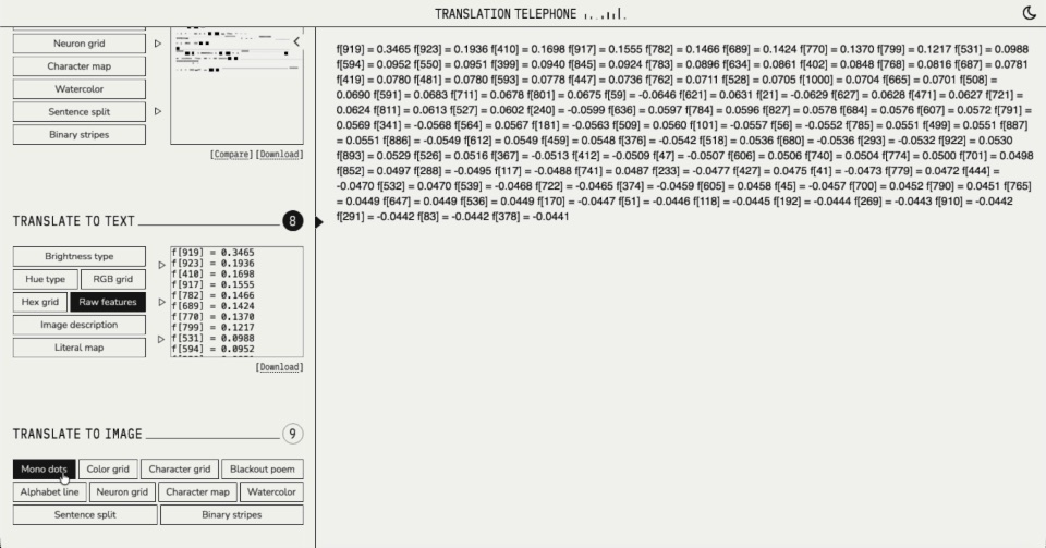 Raw features reading the blackout poem as a long list of decimal numbers