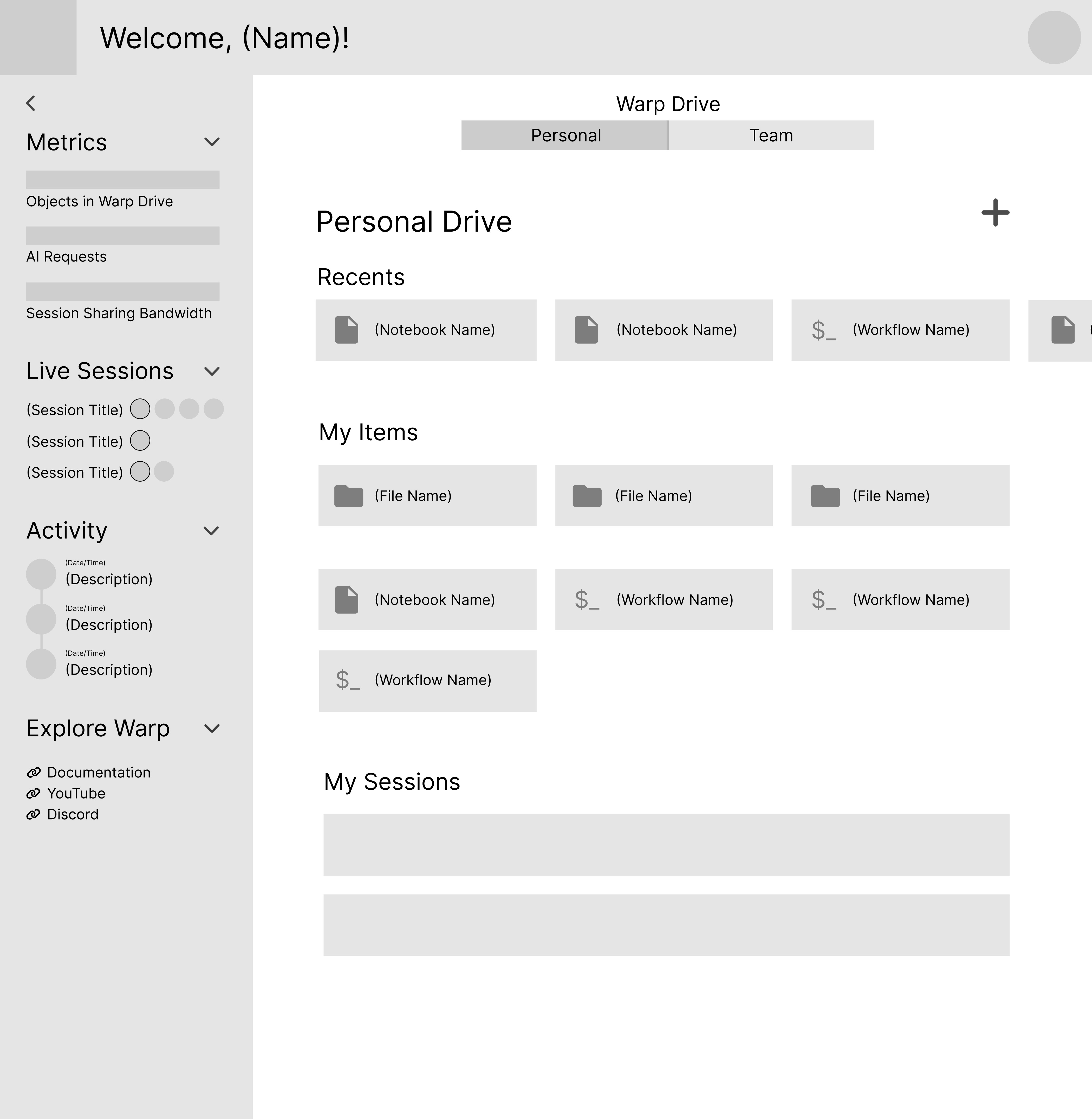 initial lo-fi showing active user personal drive
