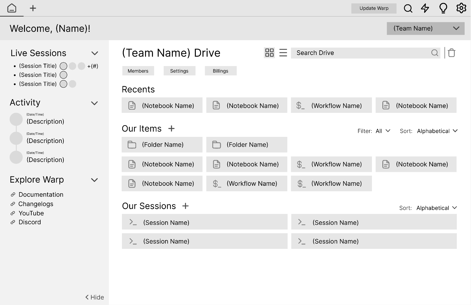 final low-fi for team admin homepage